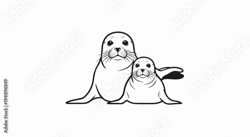 A charming black and white illustration of two seals, one large and one small