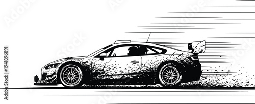 A black and white illustration of a speeding sports car with motion blur isolated on white background