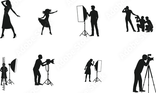 Photography Studio People Silhouette Set, Photographer Camera Shooting Model Lighting Equipment Creative Photo Session Black Vector Illustration Collection