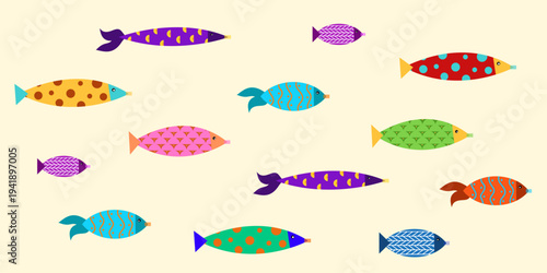 Horizontal colorful background with scattered cute cartoon fish pattern