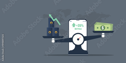 Flat infographic of oil price hike shown on a smartphone scale balancing oil barrels and cash against a global map, representing fuel inflation and global economy.