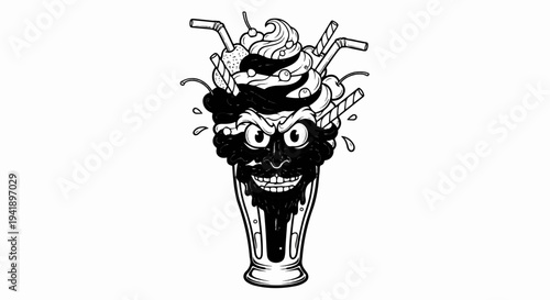 A black and white illustration of a monstrous ice cream sundae