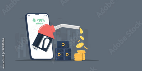 Fuel nozzle emerging from a smartphone screen dripping gold coins onto a pile, with oil barrels in the background and a 20% price increase display. High fuel cost and inflation concept.