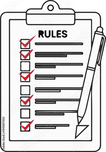 A checklist with "RULES" written at the top, red checkmarks, and a pen