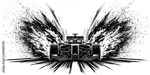 Black and white illustration of a tractor speeding forward with motion blur isolated on white background