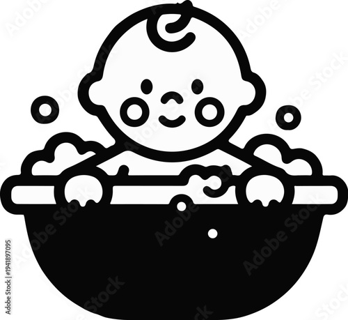 A cheerful baby enjoys a bubble bath in a tub