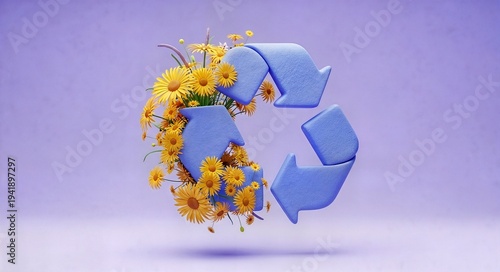Recycle symbol with yellow flowers on purple background  