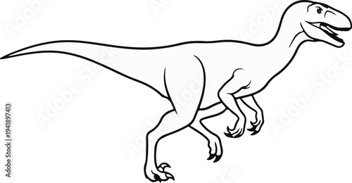 A black and white line drawing of a dinosaur in a dynamic pose