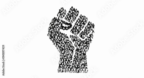 A clenched fist formed by a crowd of diverse people