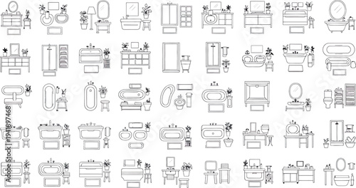 Collection of various furniture line icons and symbols isolated on transparent background