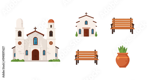 Mediterranean church with benches and pottery elements on clear background