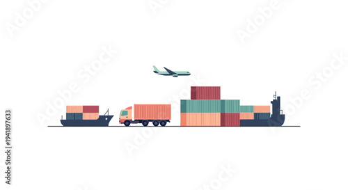 Flat design cargo transport: ship, truck, and airplane for global shipping logistics