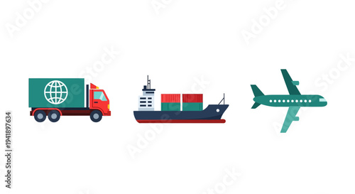Logistics and transportation icons: truck, shipping, and airplane in flat design