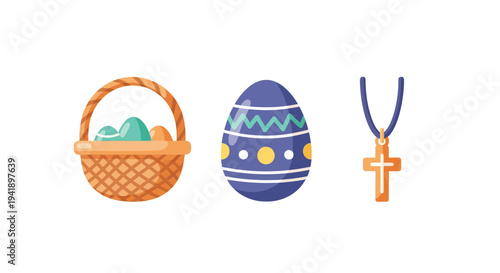 Colorful easter basket, egg, and cross pendant icons for spring celebrations