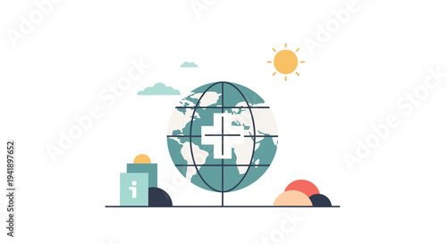 Global healthcare concept with medical cross on world map and digital elements