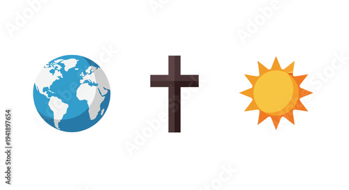Earth globe, christian cross, and sun symbol