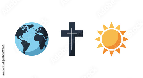 Global faith and optimism: earth, cross, sun symbol in flat design