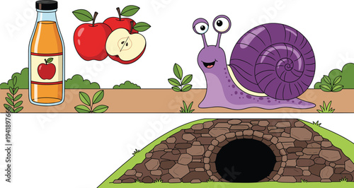 Apple juice bottle with fresh red apples, cute purple snail character and underground stone cave illustration set for nature and food concept