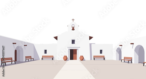 Minimalist mission courtyard with benches and bell tower