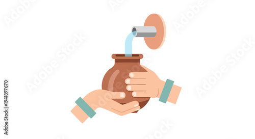 Eco-friendly water conservation with clay pot and hands in flat design