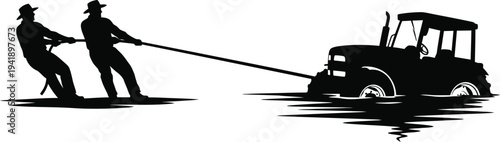 Black silhouette of two men pulling a tractor with a rope on white background