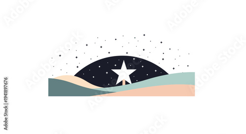 Minimalist night sky with star and rolling hills in pastel colors