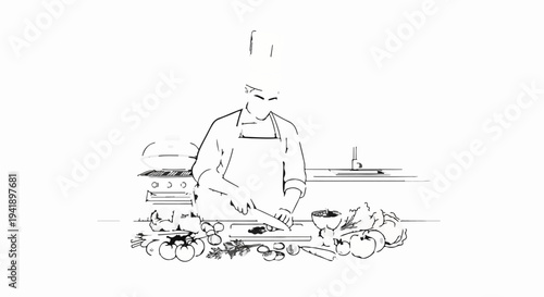 A chef in a tall hat and apron chops vegetables on a cutting board