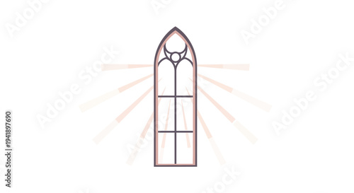 Elegant linear gothic arch window with radiating light beams on white background
