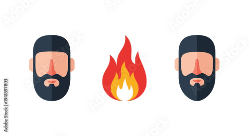 Minimalist flat design bearded faces with fire in between on white background