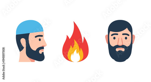 Modern flat design of bearded men and fire emblem