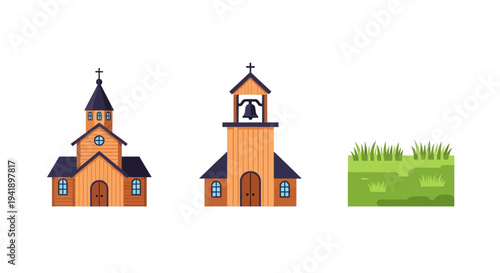 Colorful church building icons set with grass patch