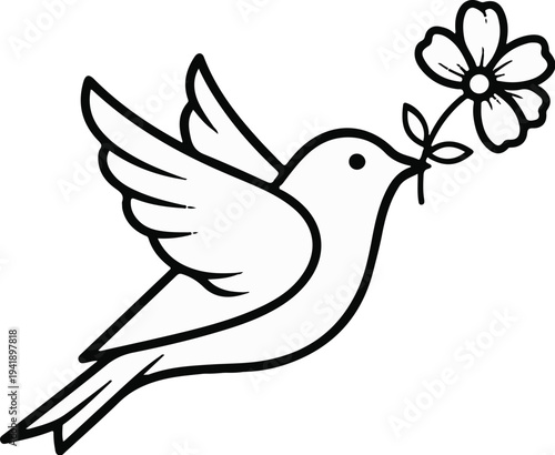 A black and white line drawing of a dove carrying a flower in its beak