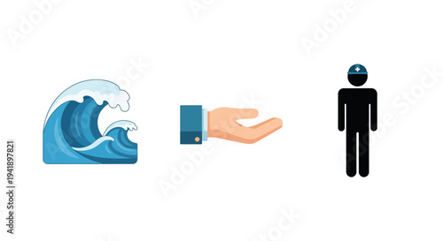 Wave, helping hand, health worker: symbols of nature, support, and care in simple icons