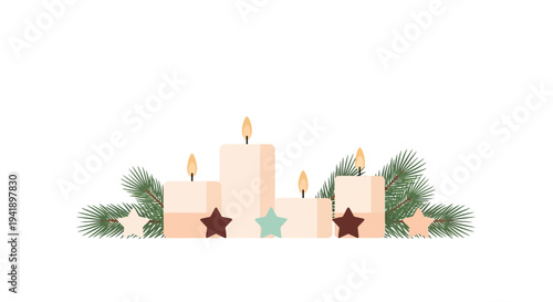 Minimalist holiday candle arrangement with pine leaves and stars