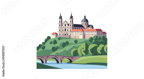 Charming european abbey on hilltop with idyllic river bridge and verdant landscape in seamless pastel art