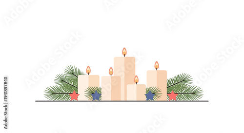Christmas candles with pine and stars in minimalist holiday arrangement