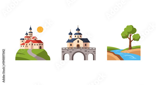 Colorful flat landscapes of castles and nature with trees and river