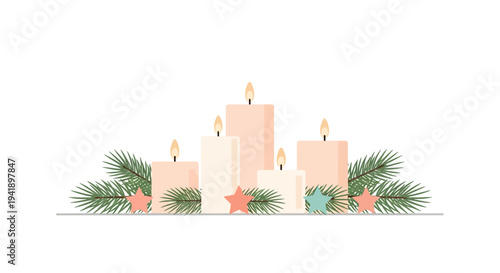 Minimalistic holiday candle arrangement with pine branches and stars