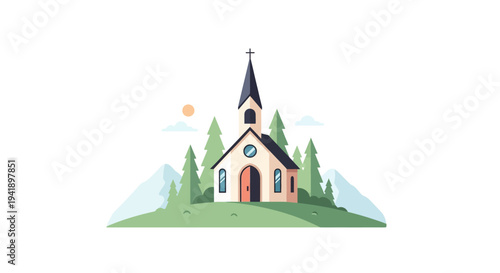 Charming chapel among pine trees with mountains in flat pastel style