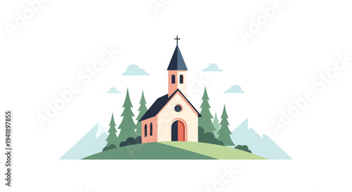 Charming church in idyllic countryside setting with hills and trees