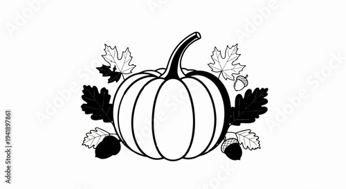 A black and white illustration of a pumpkin surrounded by autumn leaves and acorns