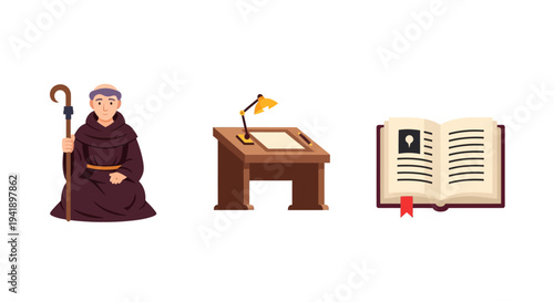 Medieval monk with wooden desk and open book: a historical concept