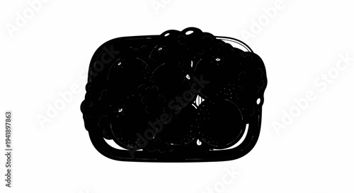 A close-up artistic sketch of a pile of dark, round objects with textured surfaces