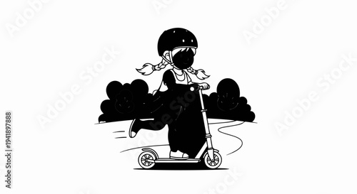 A child in a helmet rides a scooter through a park