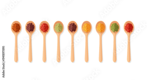 Colorful assortment of spices in wooden spoons in a row on white background