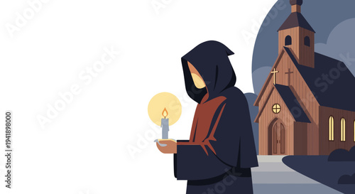 Mysterious hooded figure with candle near church under moonlight