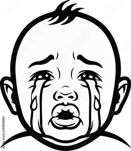 A close-up illustration of a baby's face crying with tears streaming down