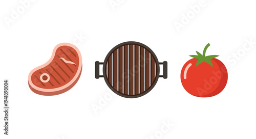 Grill icon set featuring steak, tomato, and barbecue grill