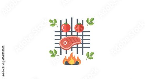 Grilled meat with tomatoes and herbs on fire pit in minimalist style
