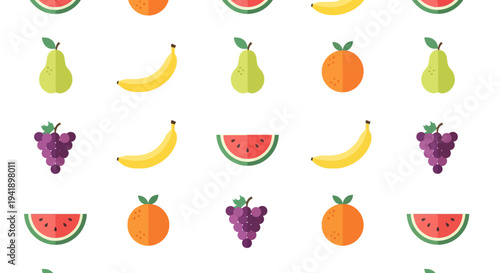 Colorful fruit pattern with watermelon, banana, pear, orange, and grapes in flat style